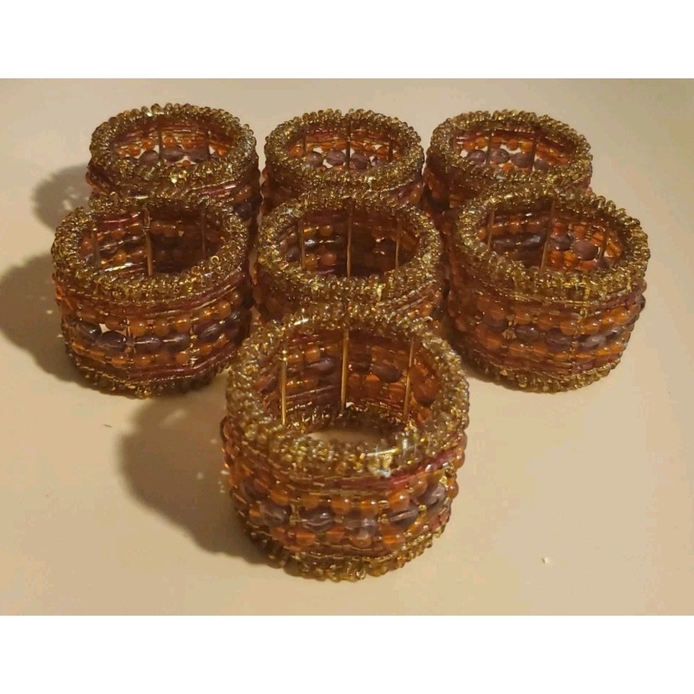 Vintage Autumn Glass Beaded Napkin Rings Set of 7 Earth Tone Fall Table Decor